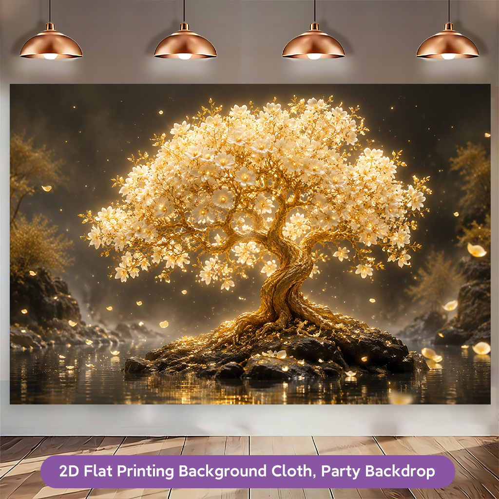 Golden Tree Blooming Flowers Polyester Banner Decor for Living Room
