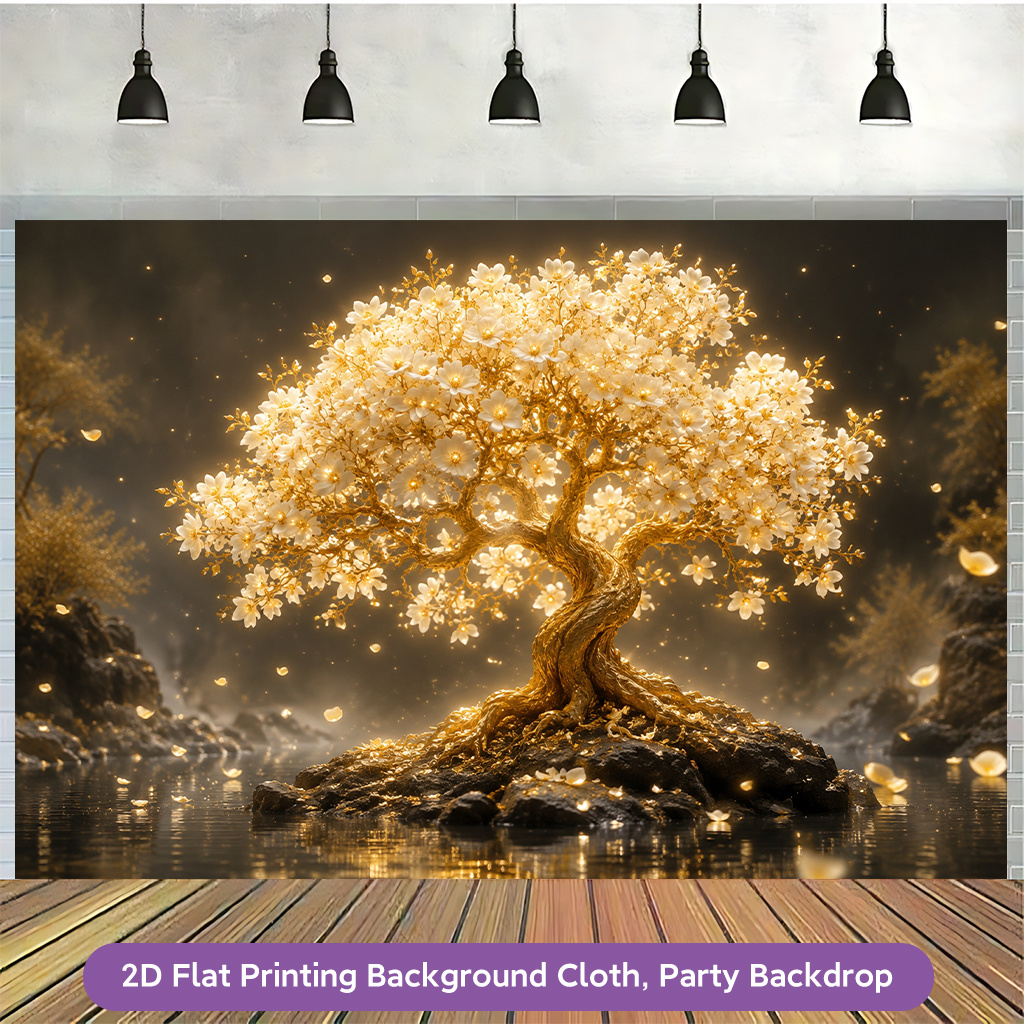 Golden Tree Blooming Flowers Polyester Banner Decor for Living Room