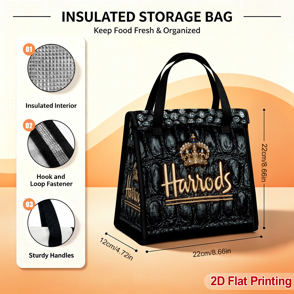 TEMU (2d Flat) 1pc Black Golden Crocodile Diamonds Design Portable Insulated Lunch Tote Bag, Space-saving Thermal Carrier Suitable For Workplace