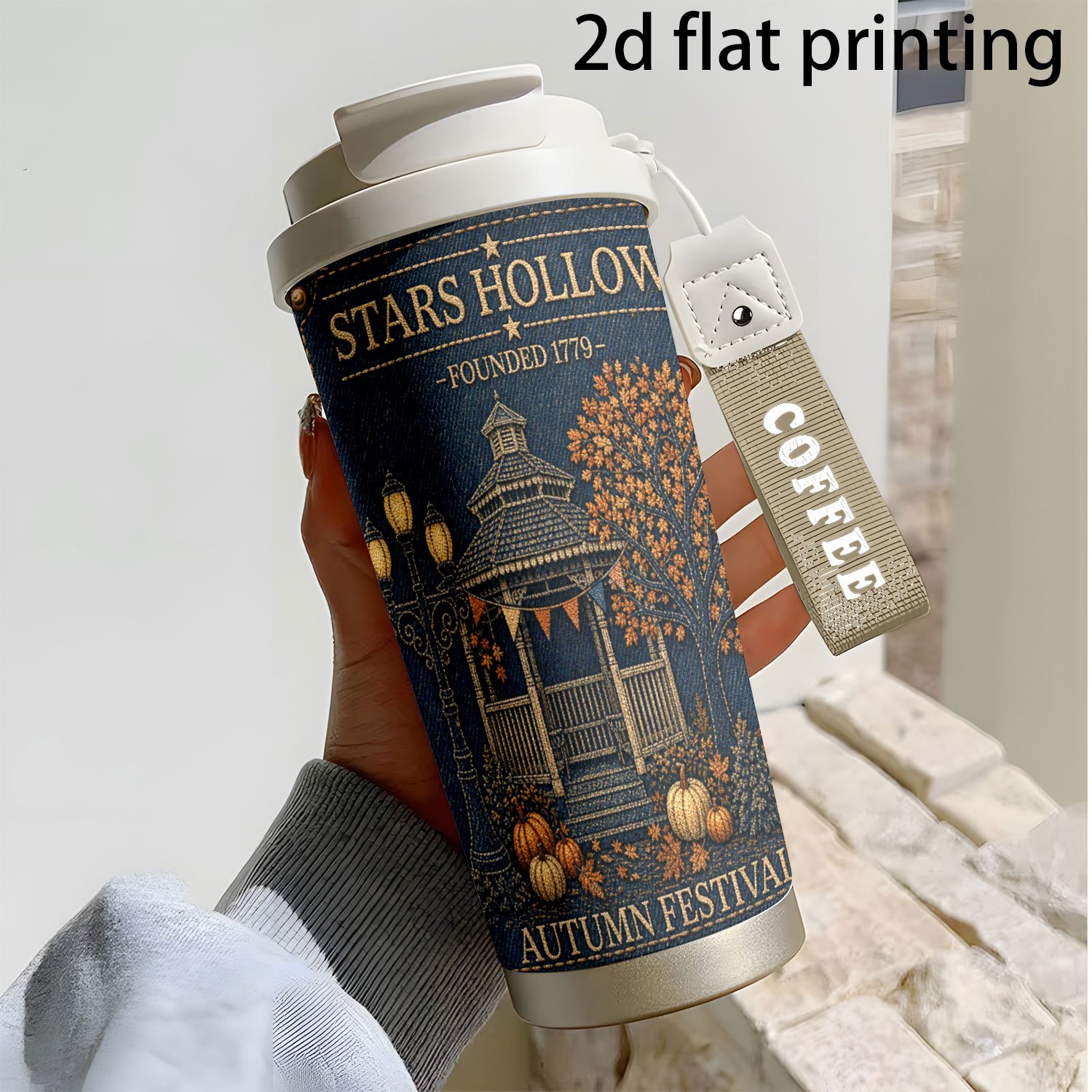TEMU Gobelet et tasse à café 2D plat 1pc 18Oz en acier inoxydable, tumbler , cadeau, thème Festival d'automne Stars Hollow