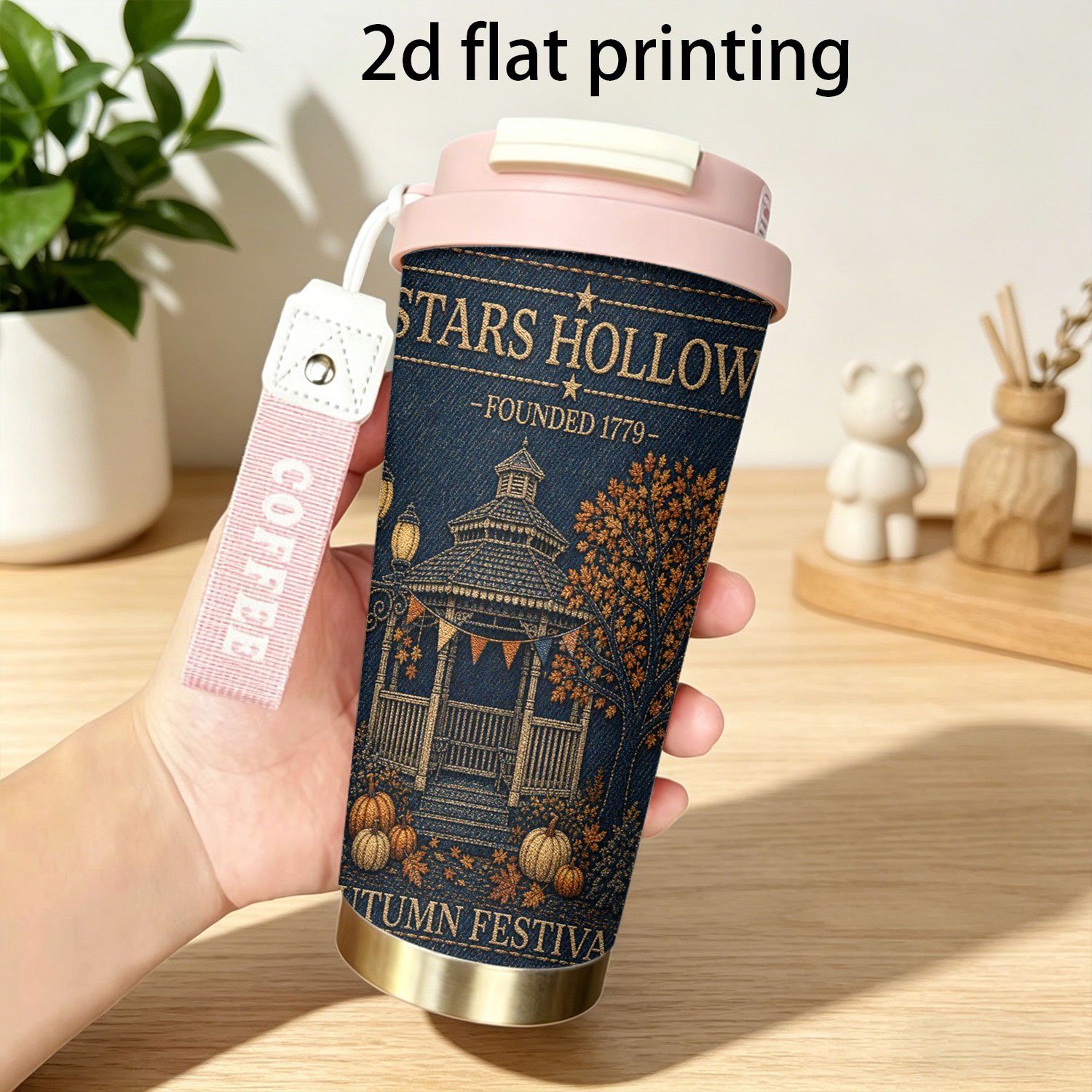 TEMU 2d Flat 1pc 18oz Coffee Cups And Mugs Stainless Steel Tumbler, Leak-proof, Gift Idea, Stars Hollow Autumn Festival Theme