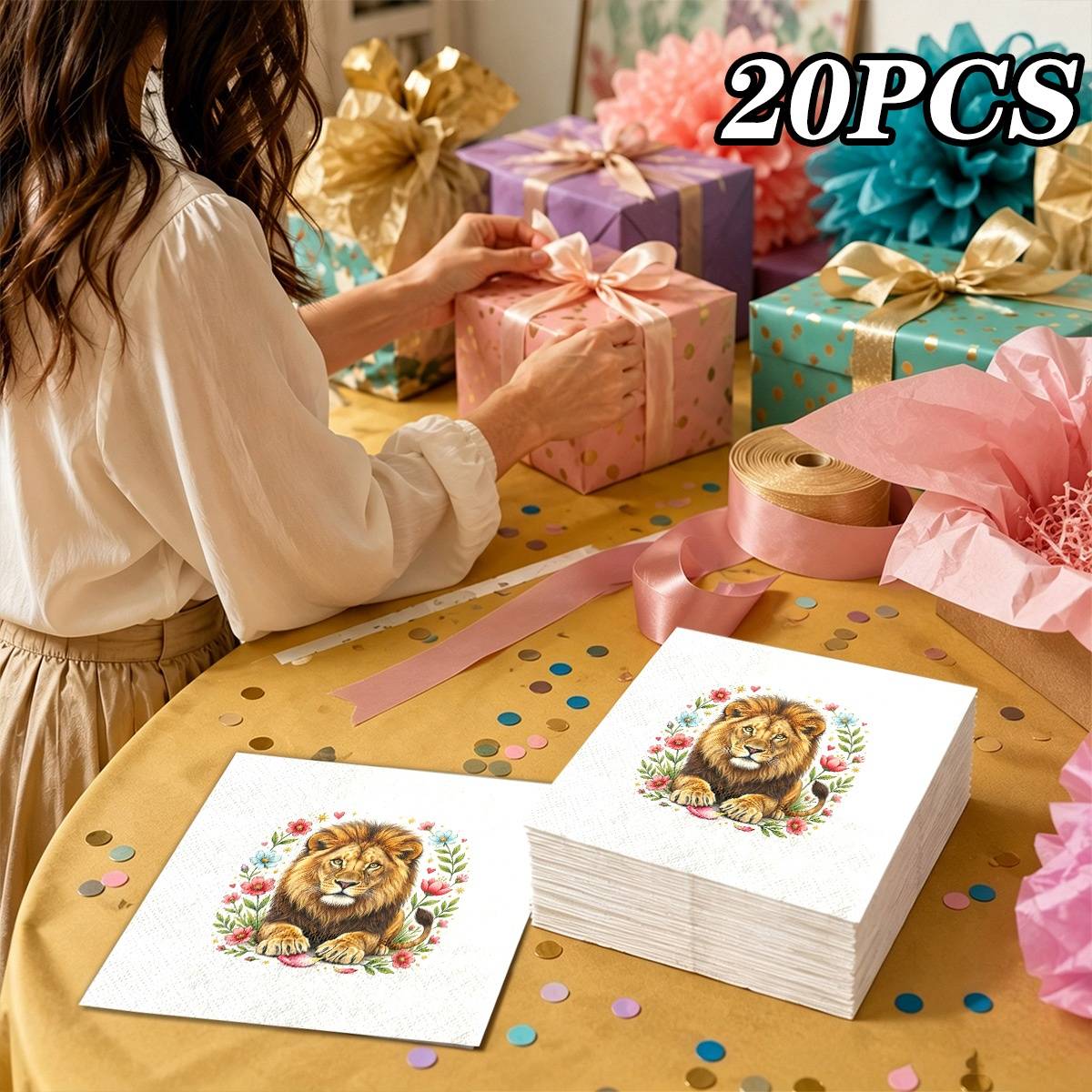 20개입 자신감 넘치는 작은 사자 테마 2단 사각 냅킨, 음료 냅킨, 홈 파티, 런치, 연회, 휴일 장식, 선물, 웨딩 장식에 적합
