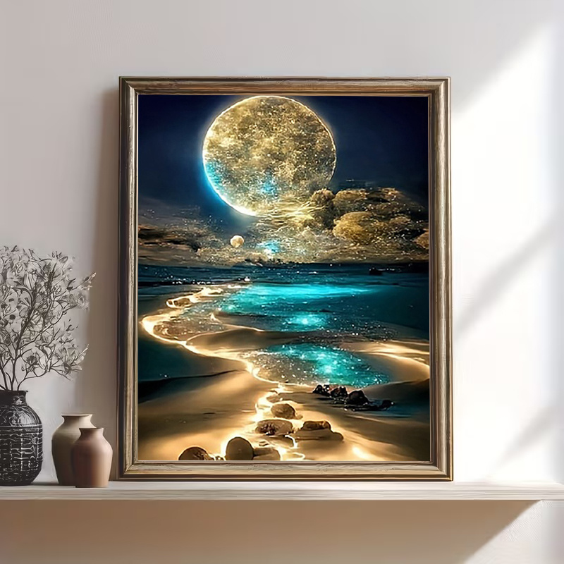 TEMU 2d Flat, 2d Flat, [2d Flat] 1pc Moonlight Beach Scene Canvas Print - Frameless 12x16 Inches Home, Office, Wall Decor - Vibrant Moon And Starry -