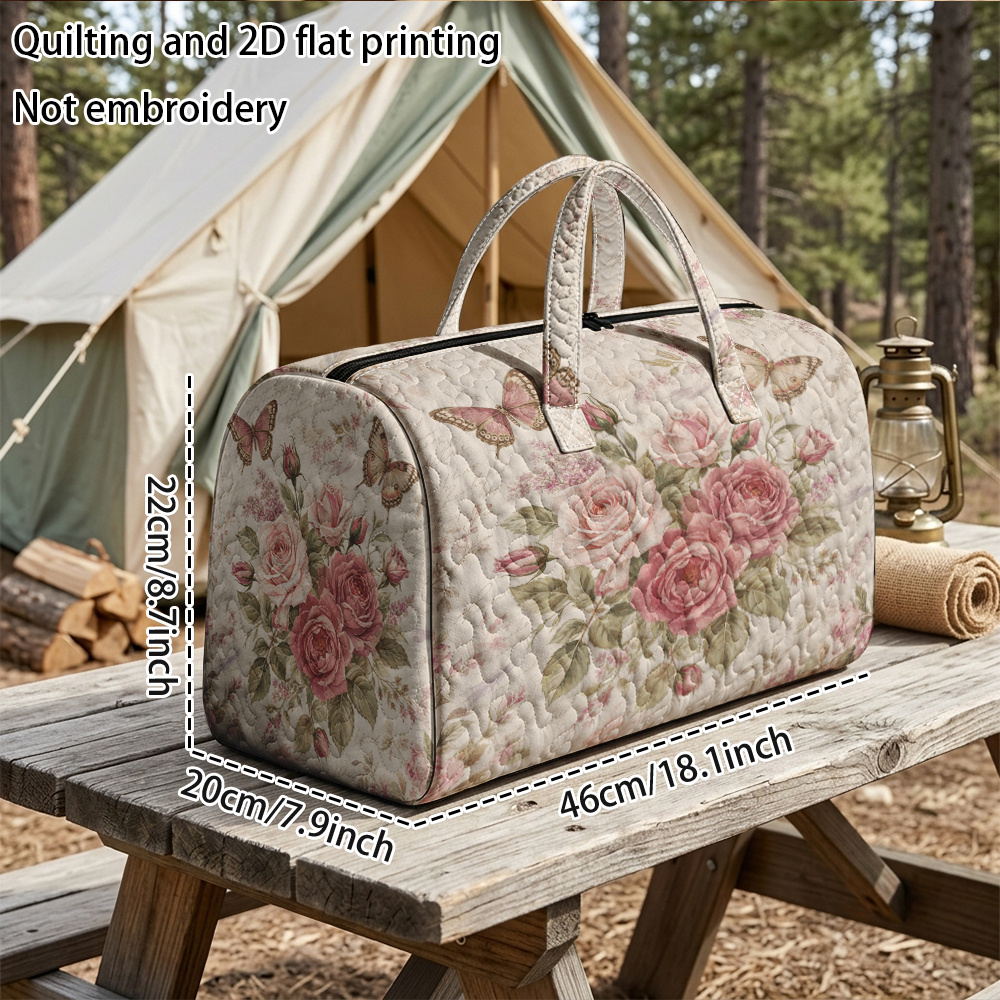 TEMU Quilting And 2d Flat Printing Not Pink Roses And Butterflies Quilted Handheld Travel Bag, For Large Capacity Tote Travel Bag, Travel Luggage