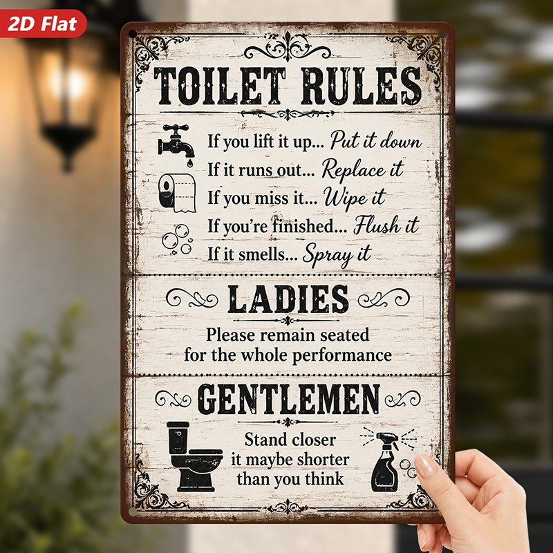 TEMU 2d Flat, 1pc Words Bathroom Rules Sign Metal Sign Wall Art, Print Description: Toilet Rules Text, Humorous Etiquette Quotes, Home Decor, Faucet