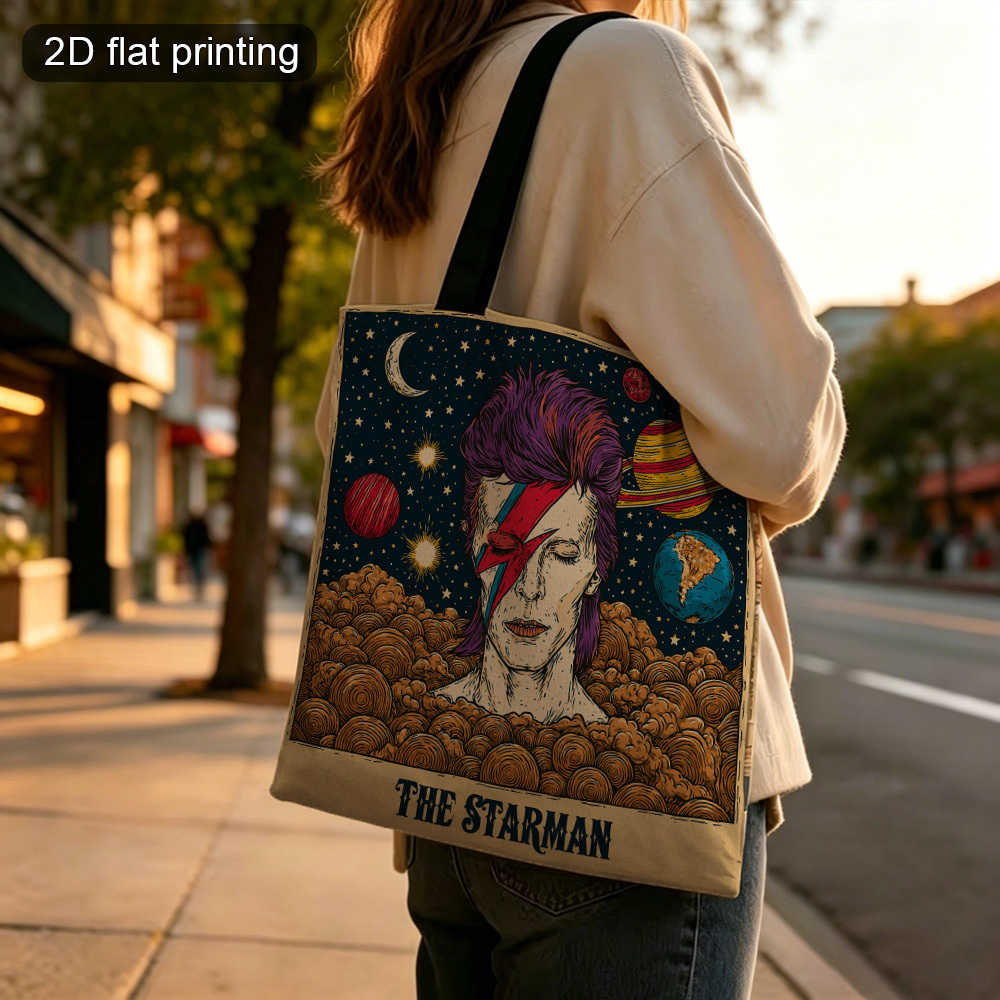 TEMU 2D FLAT 1 Stück, Kosmischer Sternmann Blitz Kunst Druck Tragetasche, Stilvolle doppelseitig bedruckte Schultertasche, Geräumige Einkaufstasche,