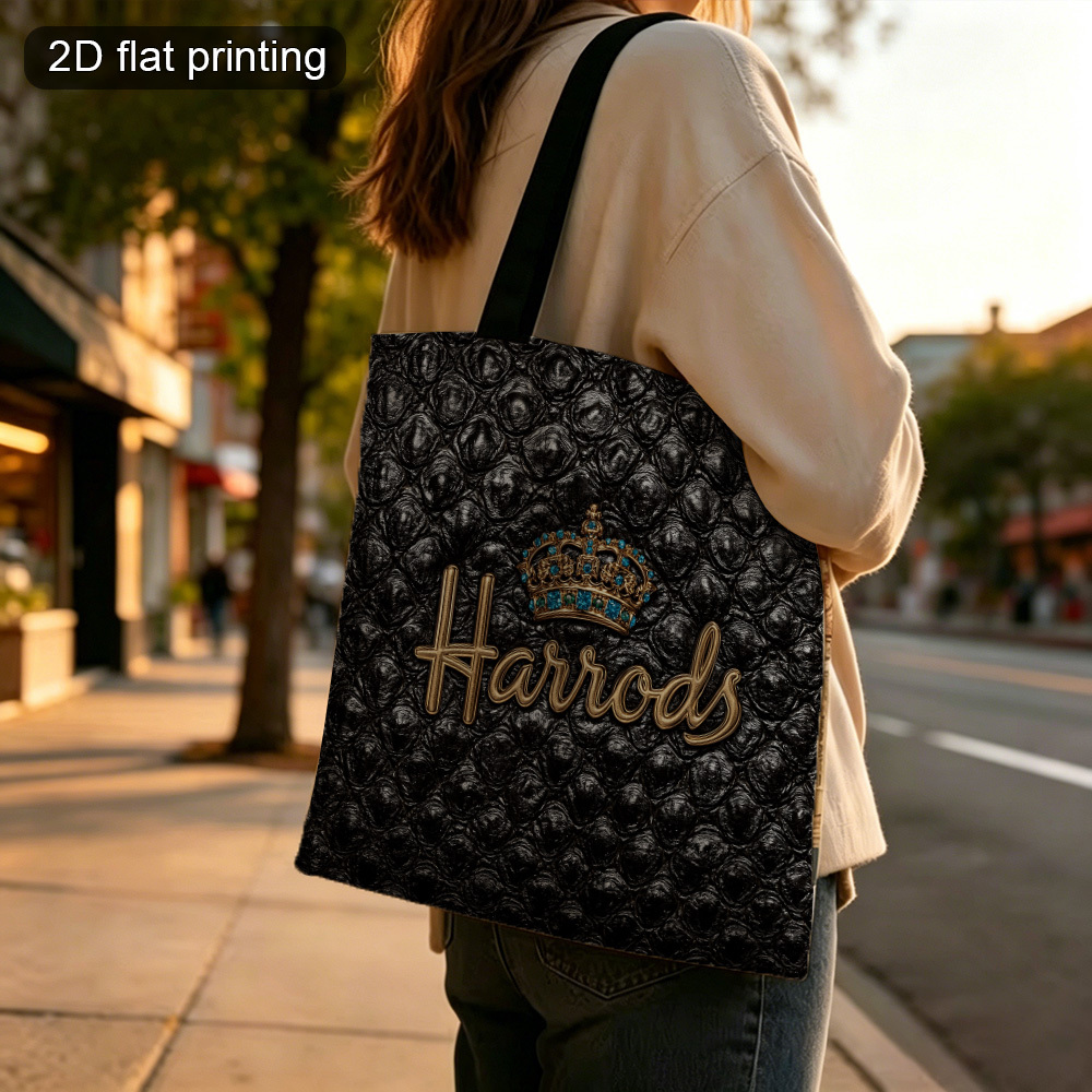 TEMU 2d Flat 1pc Black Pattern Foldable Canvas Shopping Bag, Lightweight Tote For Grocery And Everyday Use, Autumn Season Halloween Gift For Women