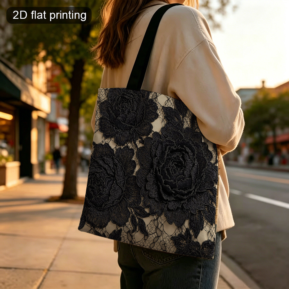 TEMU 2d Flat 1pc Lace Flowers Pattern Foldable Canvas Shopping Bag, Lightweight Tote For Grocery And Everyday Use, Autumn Season Halloween Gift For