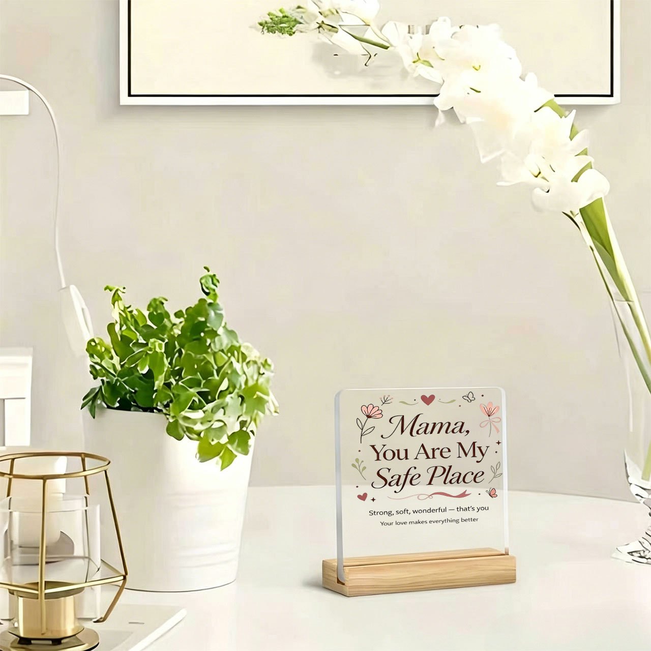 TEMU 1pc Mama You Are Heart Floral Paperweight Slogan Ornament Warm, Inspirational Slogan, Acrylic Ornament, With Wooden Base, Paperweight, Office