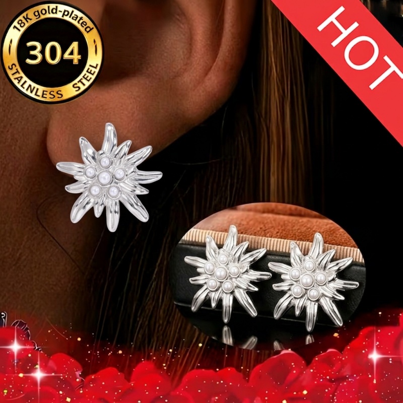 Sunflower Imitation Pearl Embossed Stud Earrings, 18K Gold Plated