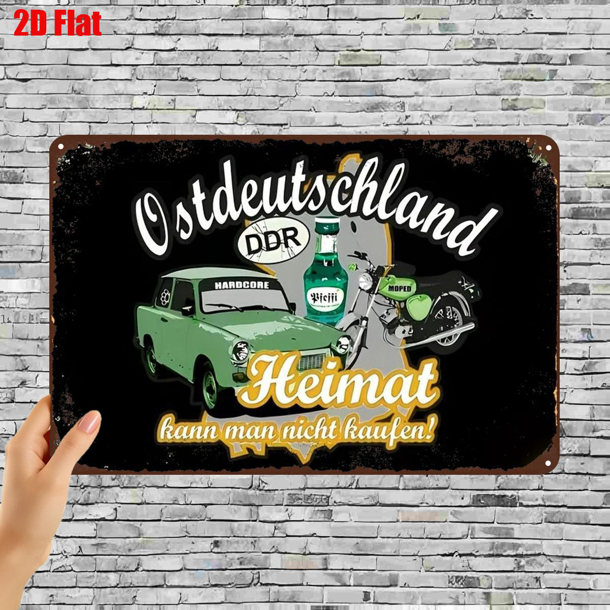 TEMU 2D-Flach, 2D-Flach ., „Vintage DDR Ostdeutschland Metallschild – Heimat Auto- & Motorrad-Dekor-Kunst“ 8×12 Zoll, 2D-Flach