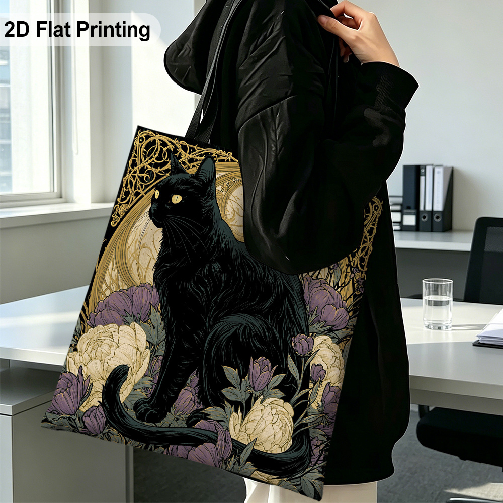TEMU Large Capacity Foldable Tote Bag Suitable For Grocery Shopping & Travel - Lightweight Reusable Shoulder Bag With Black Cat Floral Print, Hot