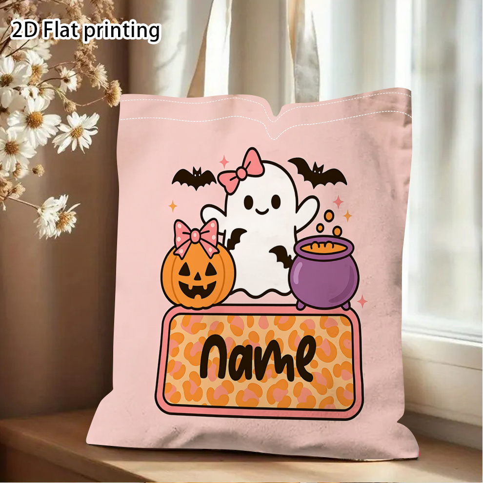 TEMU 1pc Personalized Name/text Tote Bag Double Sided Print Design, Halloween Custom Name Bow Pumpkin Print Themed Tote Bag, Creative Versatile Tote
