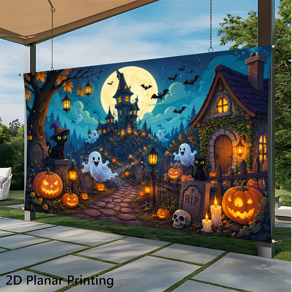 TEMU 2D Flat, 2D Flat - 2D Flat Banner ., Halloween-Nacht Geister und Kurbisse, ein lebendiges Banner im modernen Stil, geeignet für Home Offices im