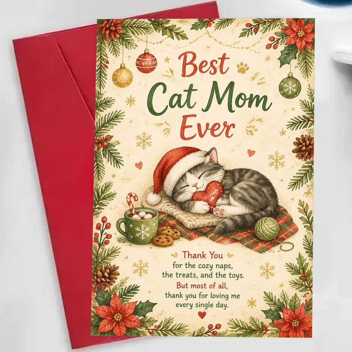 TEMU A Warm And Adorable Kitten Christmas Card Featuring A Kitten Wearing A Santa Hat Sleeping With A Red Its , Accompanied By A Hot Drink And A