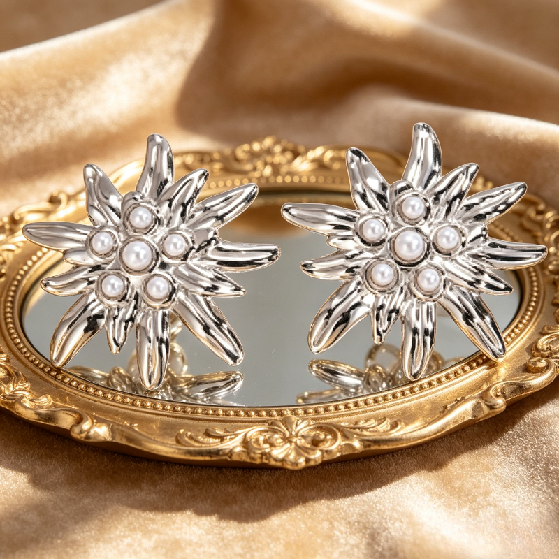 Sunflower Imitation Pearl Embossed Stud Earrings, 18K Gold Plated