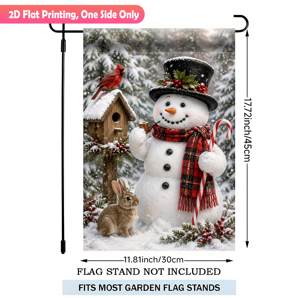 TEMU 2d Flat - 2d Flat Printing Garden Flag 1pc, Snowman Holding Cane Smiling Single Sided Polyester Garden Flag, Yard Banner, For Outdoor Home,