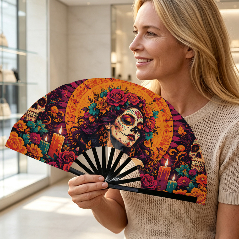 TEMU 1pc Women's Folding Hand Fan, Printed Design, Fashionable Folding Fan, Fu Fan Accessory, Portable And , Dance Fan, Party Folding Fan, Holiday