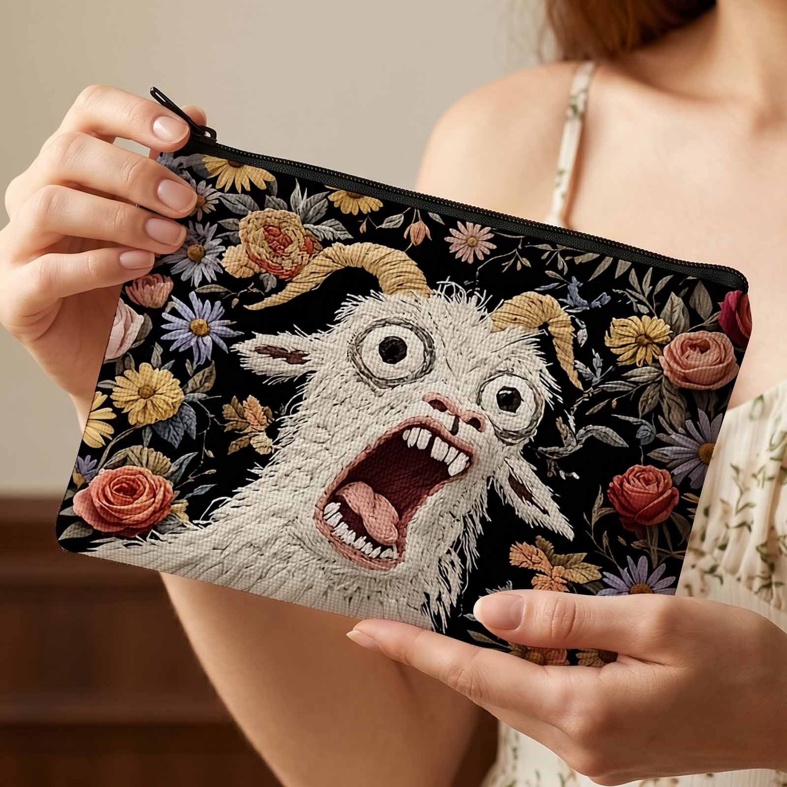 TEMU 2d Flat Printing Makeup Bag, Whimsical Floral Goat Design For Travel Or Daily Cosmetic Storage With