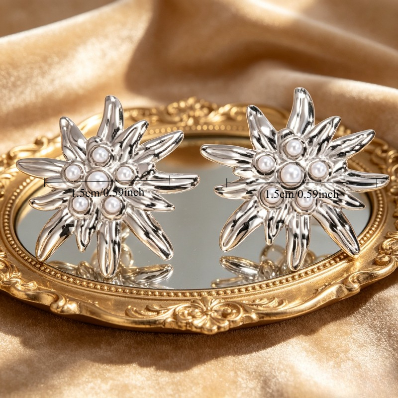 Sunflower Imitation Pearl Embossed Stud Earrings, 18K Gold Plated