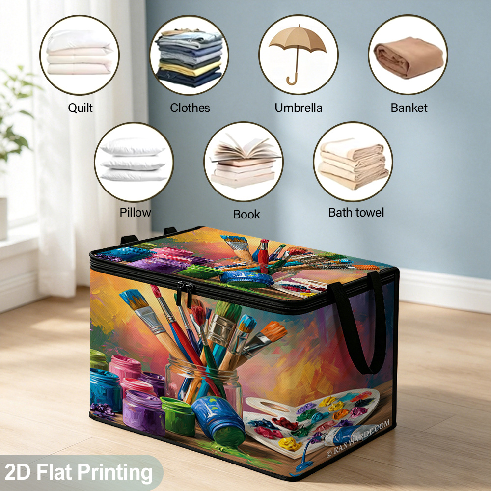 TEMU 2d Flat 1pc Foldable Colorful Paint Brushes Jars Palette Print Large Storage Bag With Zipper Lid, Closet Organizer Container For Clothes,