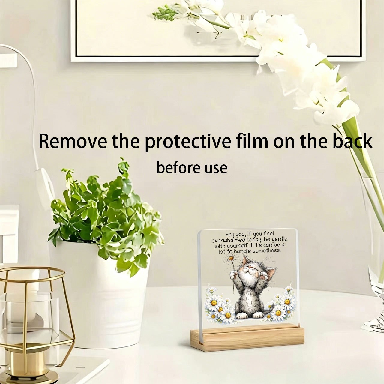 TEMU 1pc Cute Cat Holding Dandelion Daisy Tabletop Decoration Suitable For Work, Office Desk Decor, Paperweight, Study, Bar Table Placement, Suitable