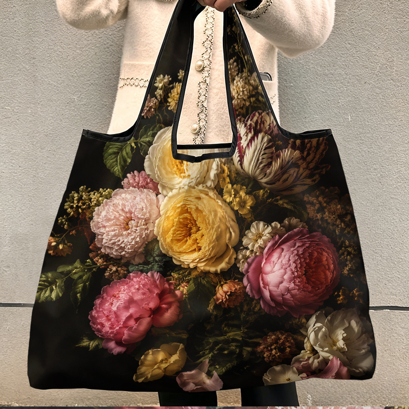 TEMU Foldable Reusable Shopping Bag 1pc, Bouquet Of Flowers Background Pattern, Large Portable Tote For Grocery