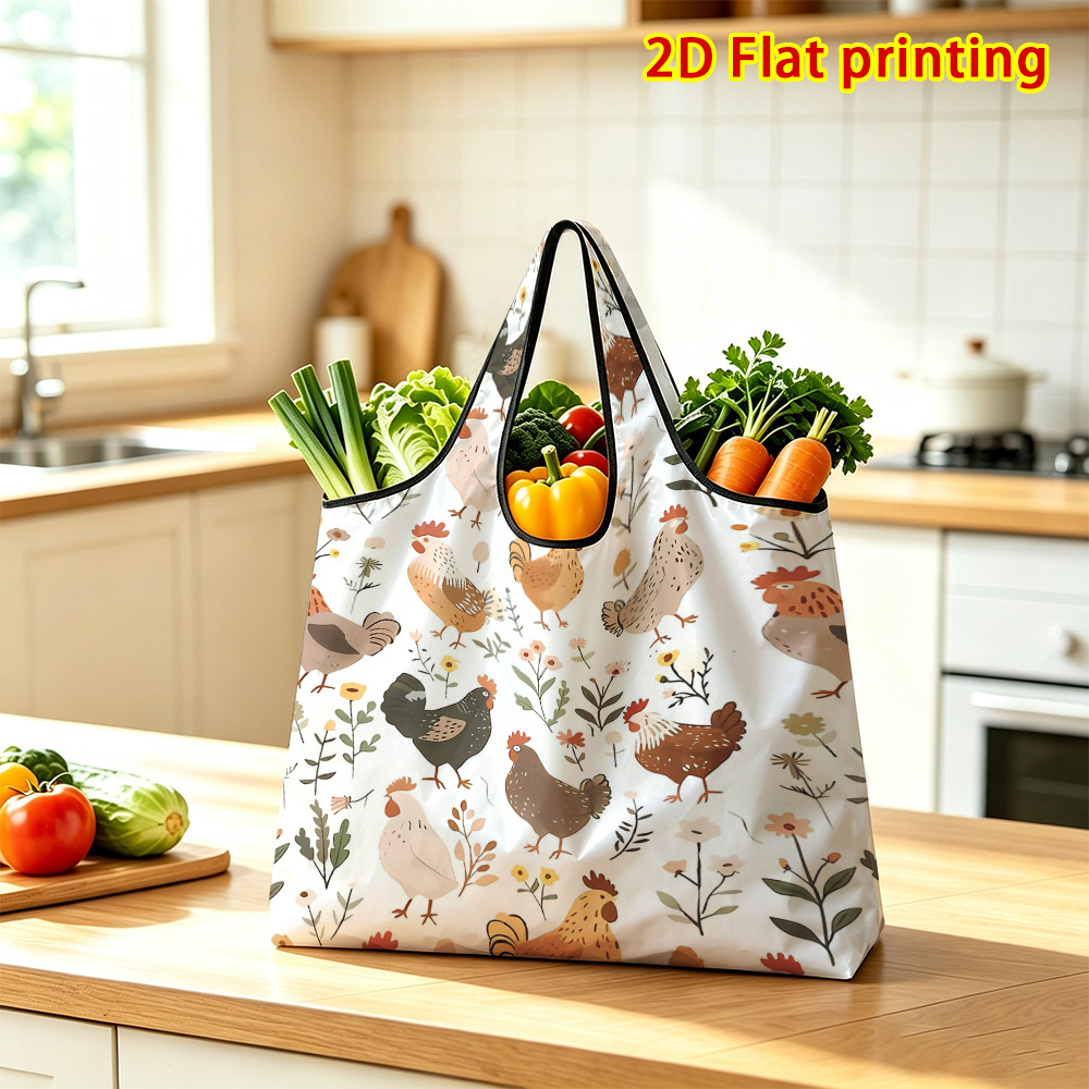 TEMU 1pc,cute Chickens Floral Folding Tote Bagreusable Shopping Bags Suitable For Daily Use, Travel, Sorting, And Storage.