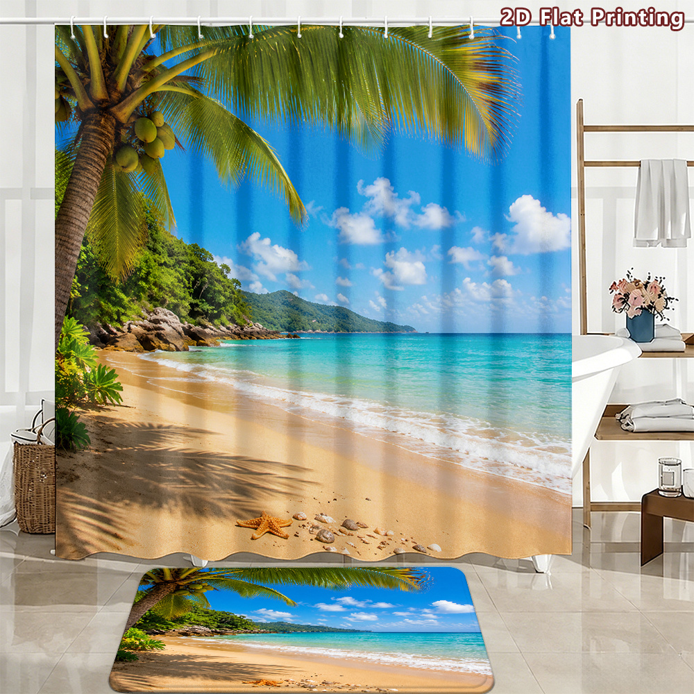 2pcs Tropical Beach Shower Curtain Set with Ocean Green & Palm Tree Design