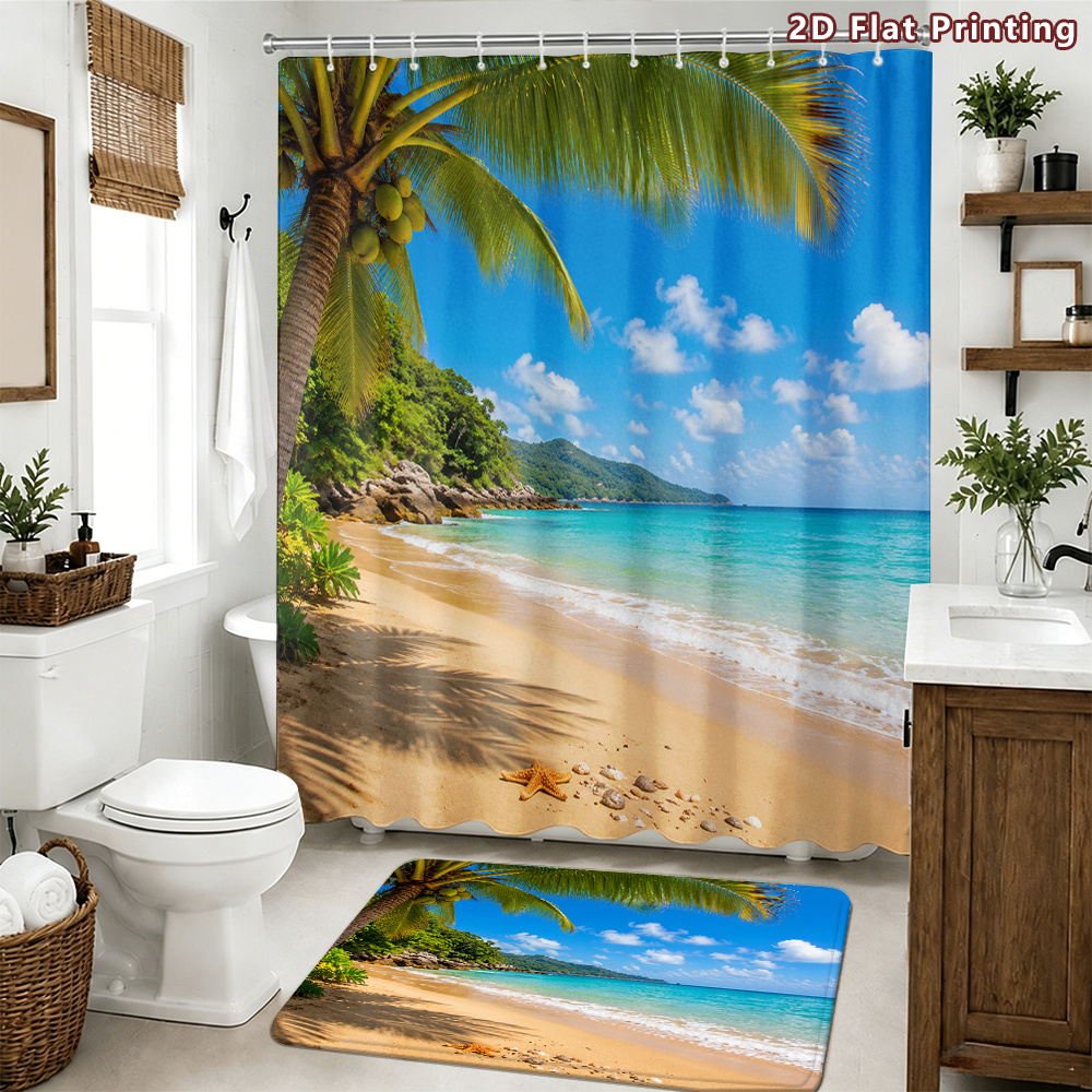 2pcs Tropical Beach Shower Curtain Set with Ocean Green & Palm Tree Design