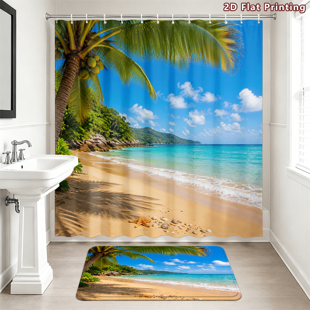 2pcs Tropical Beach Shower Curtain Set with Ocean Green & Palm Tree Design