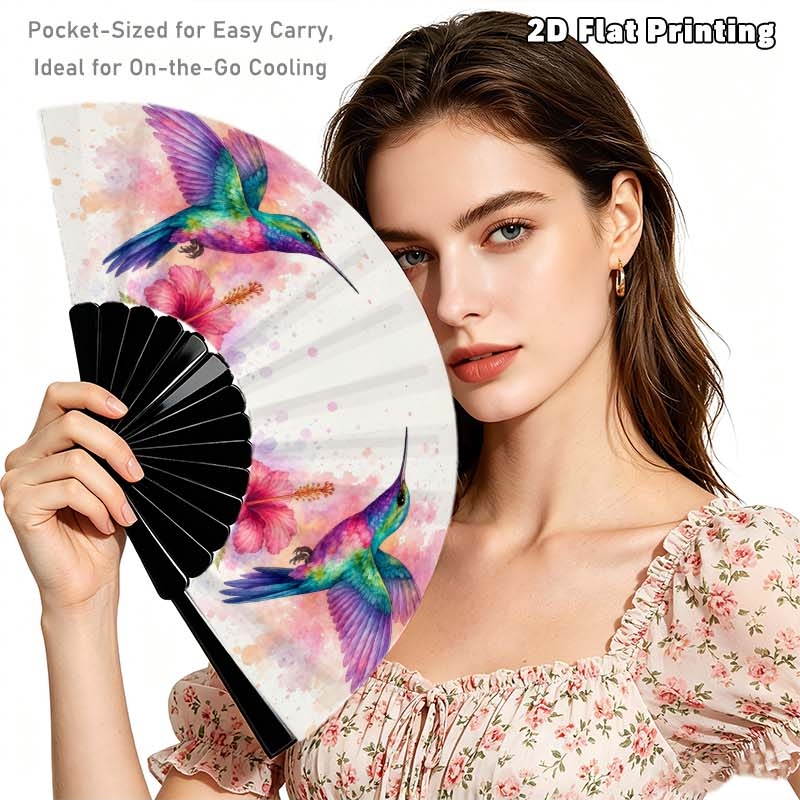 TEMU 2d Flat - 1pc Spring Handheld Folding Fan, 2d Flat Colorful Hummingbird And Floral Pattern Portable Cooling Fan, Plastic Frame Polyester Fan