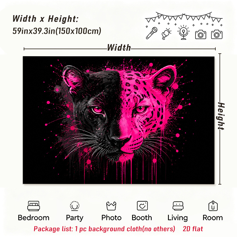 TEMU 2d Flat, 1pc Large/small Modern Black & Hot Pink Leopard Wall Tapestry - Horizontal Flat Panel Suitable For Decor,, Bedroom - Print Design With