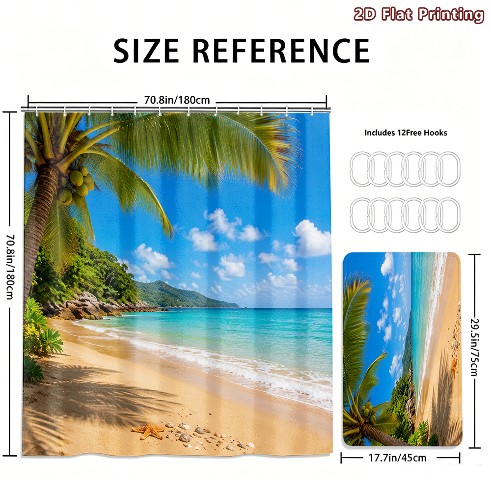 2pcs Tropical Beach Shower Curtain Set with Ocean Green & Palm Tree Design