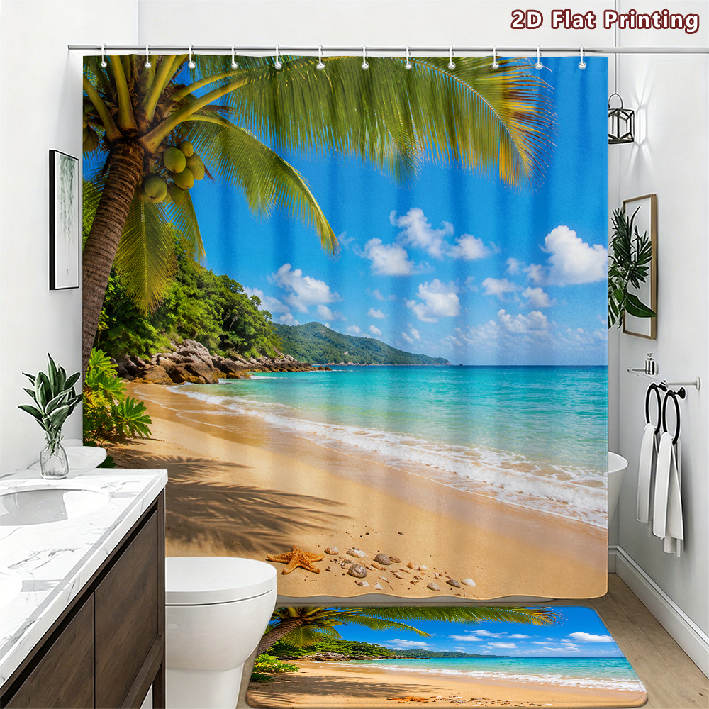 2pcs Tropical Beach Shower Curtain Set with Ocean Green & Palm Tree Design