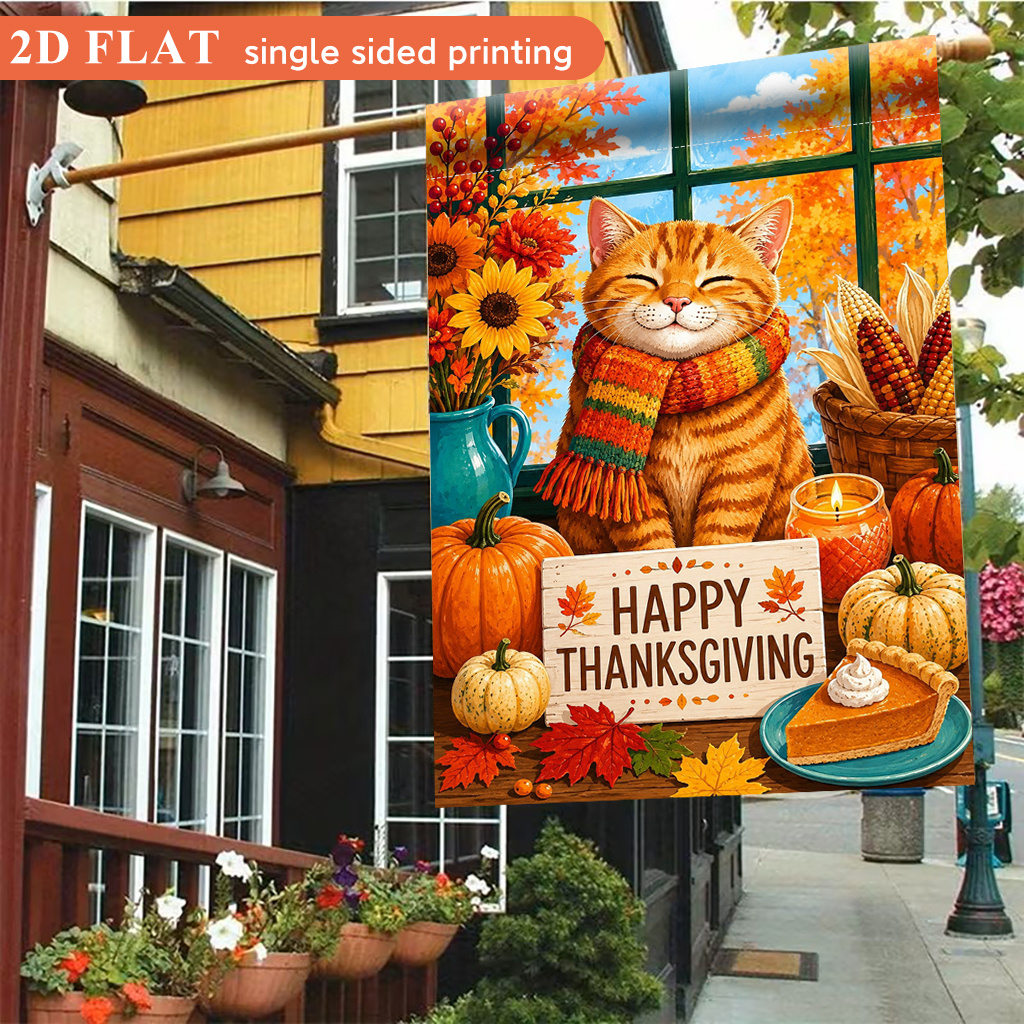 TEMU 2d Flat, 2d Flat Garden Flag 1pc, Happy Thanksgiving Scene Cat, Features A Vibrant Single-sided Design; A Farmhouse-style Banner Suitable For