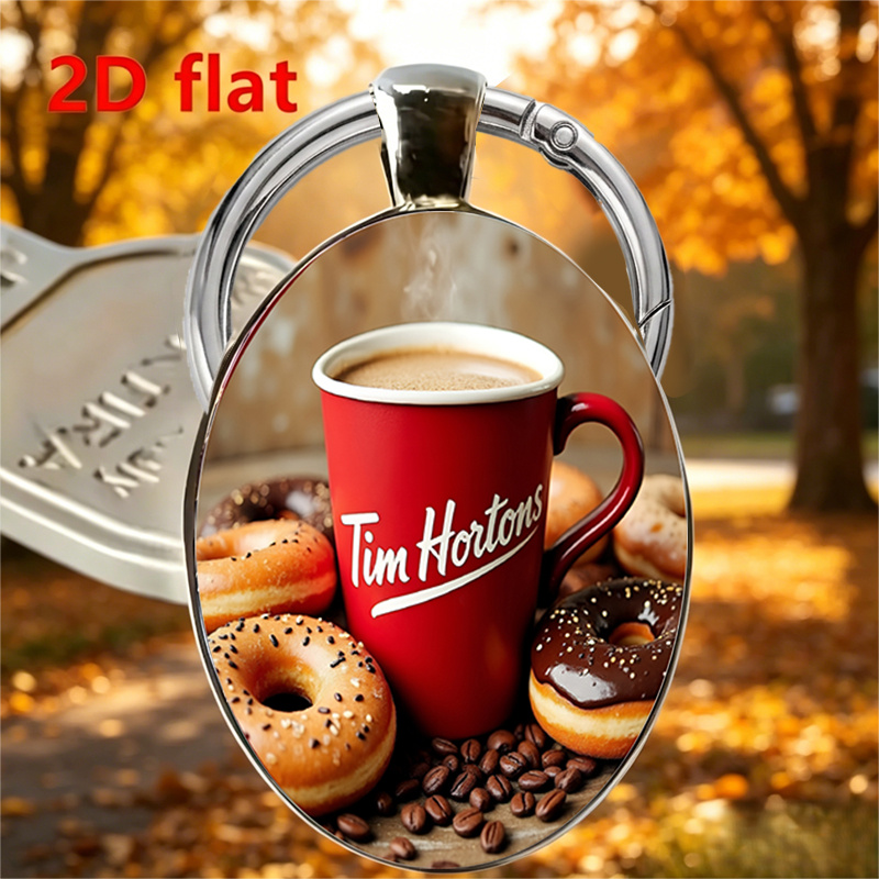 TEMU 2d Flat, A 2d Flat Oval Keychain That Perfectly Iconic With Warm Nostalgia. Featuring Tim ' Signature Red And Golden Logo And A Donut Display,
