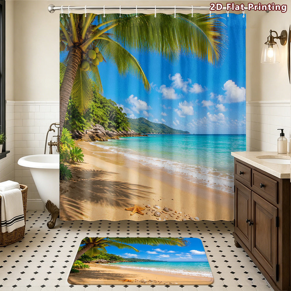 2pcs Tropical Beach Shower Curtain Set with Ocean Green & Palm Tree Design