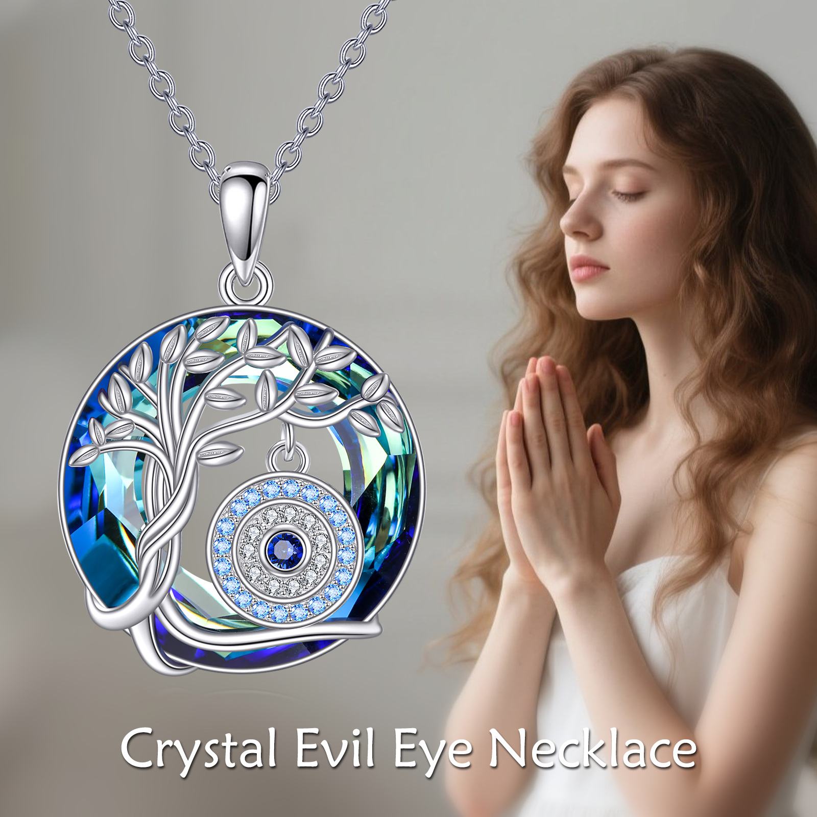 S925 Sterling Silver Evil Eye Necklace with Artificial Crystal & Synthetic Zirconia