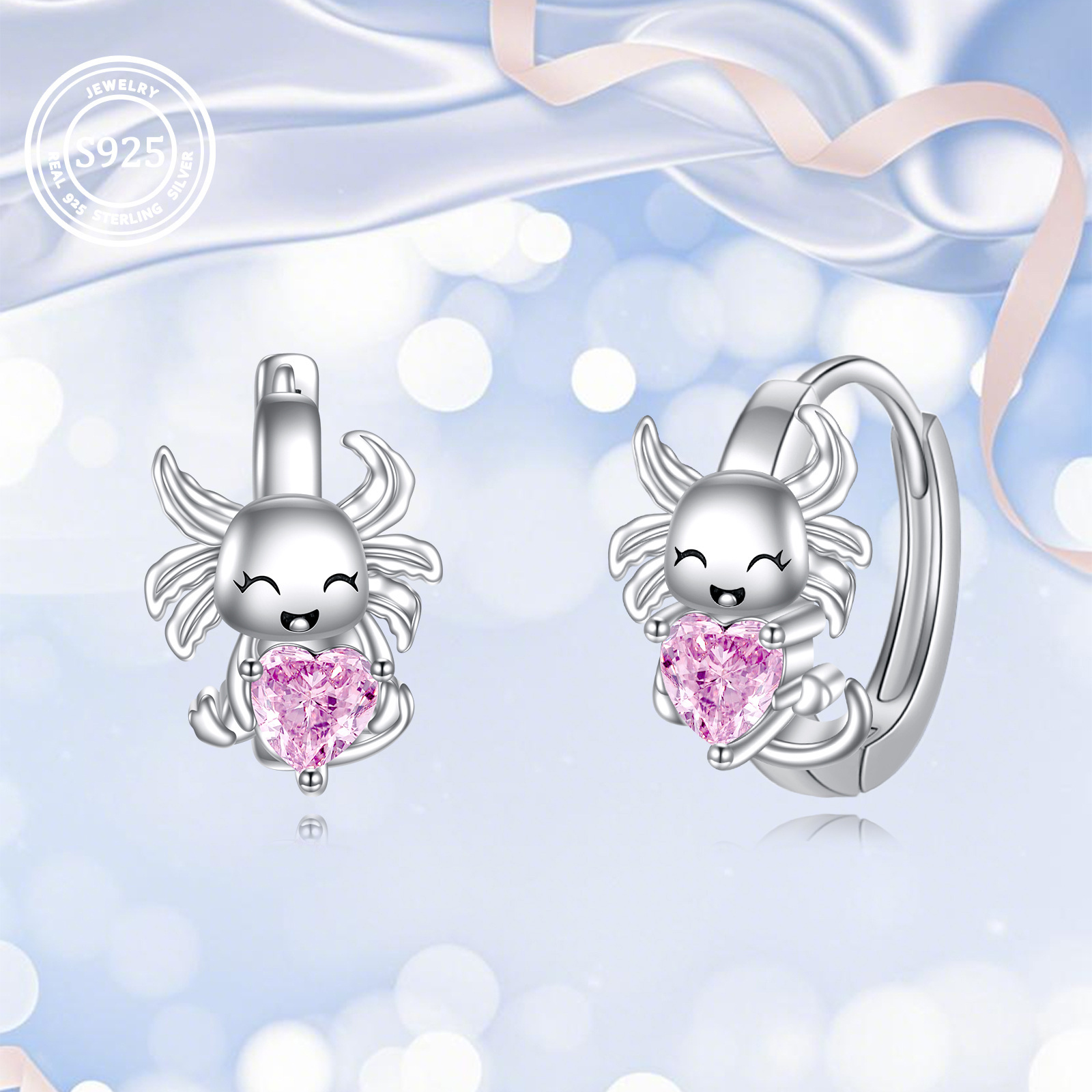 Image of Axolotl Hoop Earrings 925 Sterling Silver Animal Jewelry With Pink Zirconia For Women (axolotl)