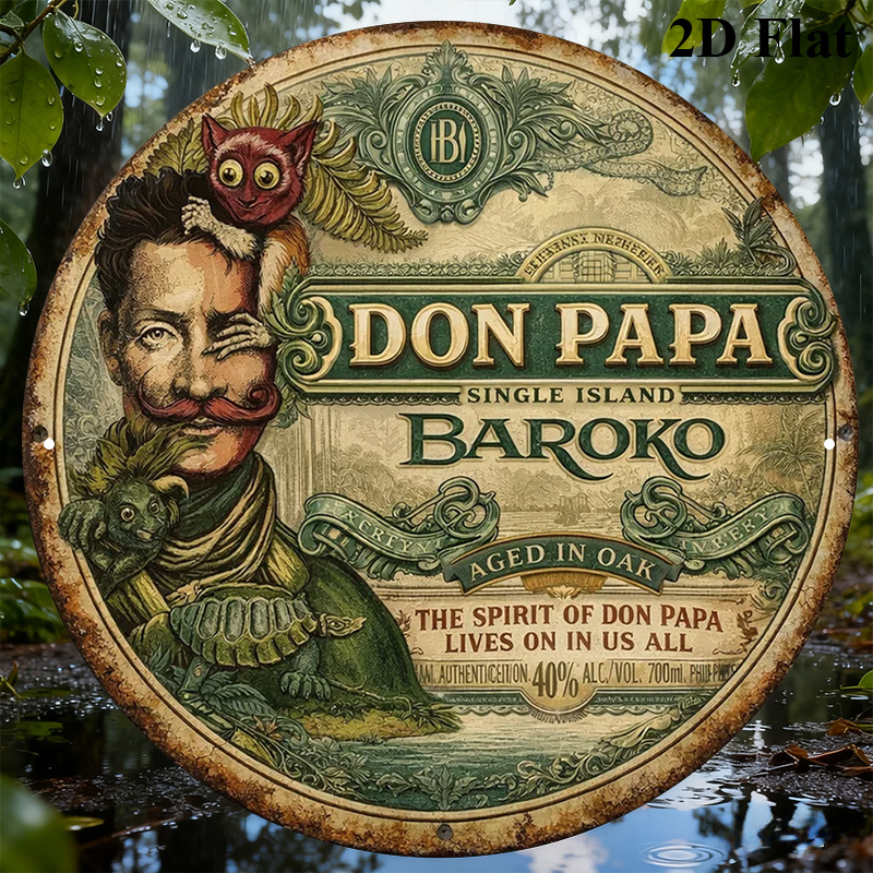 E-shop Ein rundes Aluminiumschild mit den Maßen 8x8 Zoll (20x20 cm), mit einer vintage Deko-Plakette, die mit 'Don Papa Rum' in Zusammenhang steht, und
