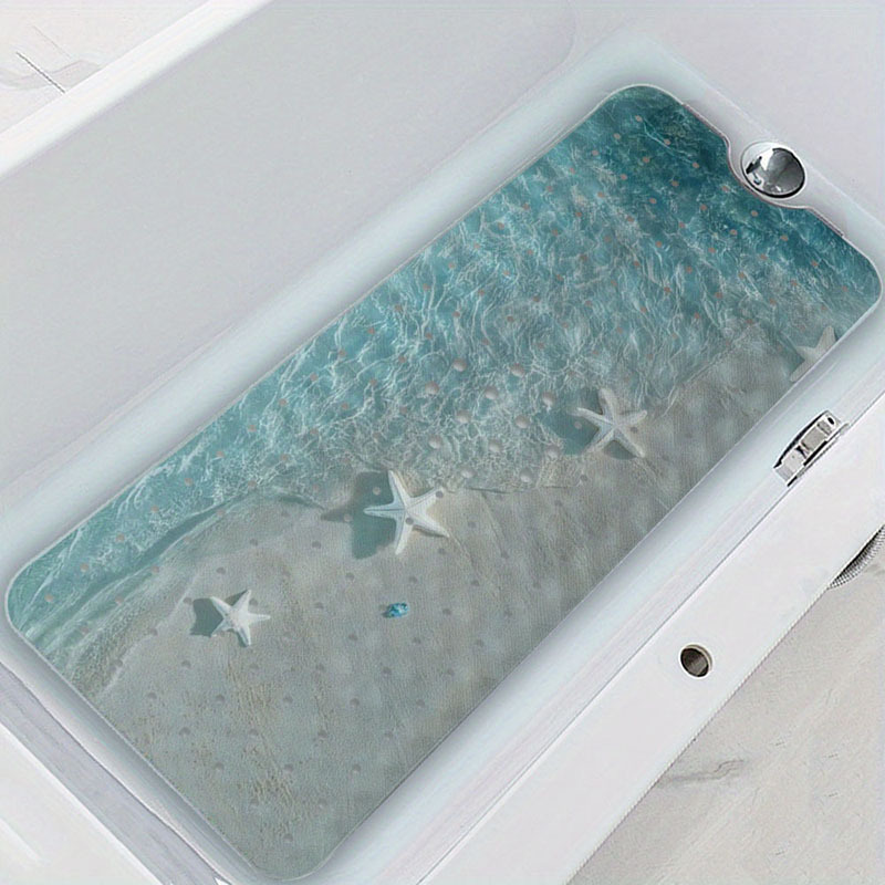 Image of Adult Bathtub Mat Bathtub Mat Light Blue Ocean And White Starfish Beach Scene Non-slip Family Bathroom Bathtub Mat With Suction Cups For And Adults