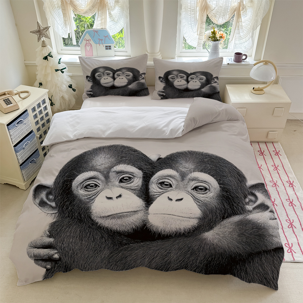 TEMU 3pcs Chimpanzee Pattern, Light - Gray Background Bedding (1*duvet Cover   2*pillowcase, Without Core) the Fabric Is Soft, Comfortable And