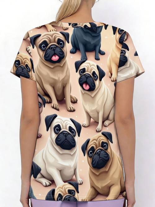 womens v neck short sleeve work shirt with full pug dog print breathable summer uniform suitable for hotel cafe retail nurse uniforms machine washable casual workwear top