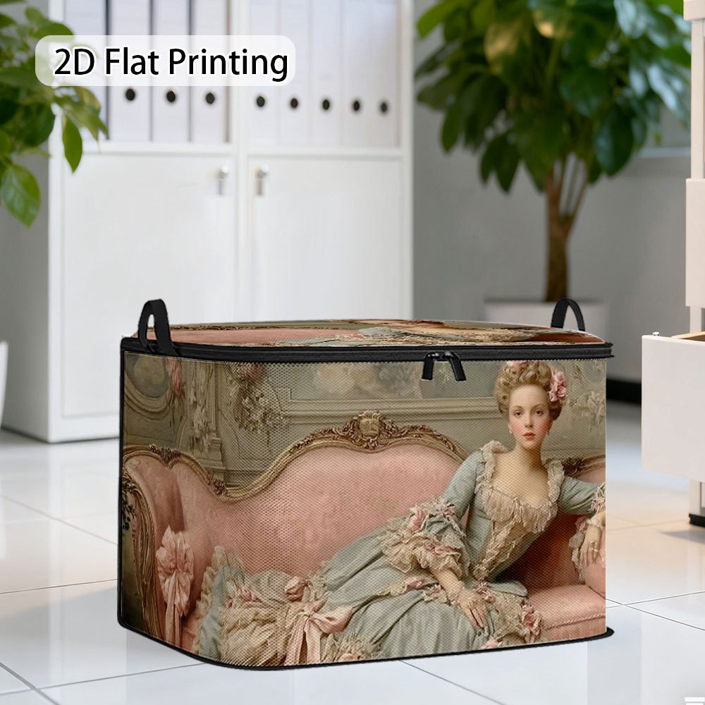 TEMU 1pc 2d Flat Soft Fabric, Storage Bins With Lid & Handles - Foldable Elegant Victorian Dirty Clothes Basket, Bathroom Organizer, Back To