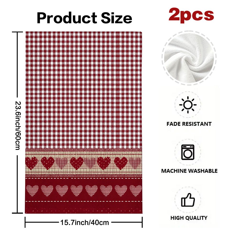 TEMU 2d Flat, 2pcs Valentine's Red Check Hearts Reusable Kitchen Textile Set - Soft Breathable Napkins And Towels For Dishwashing, Glass Wiping, And