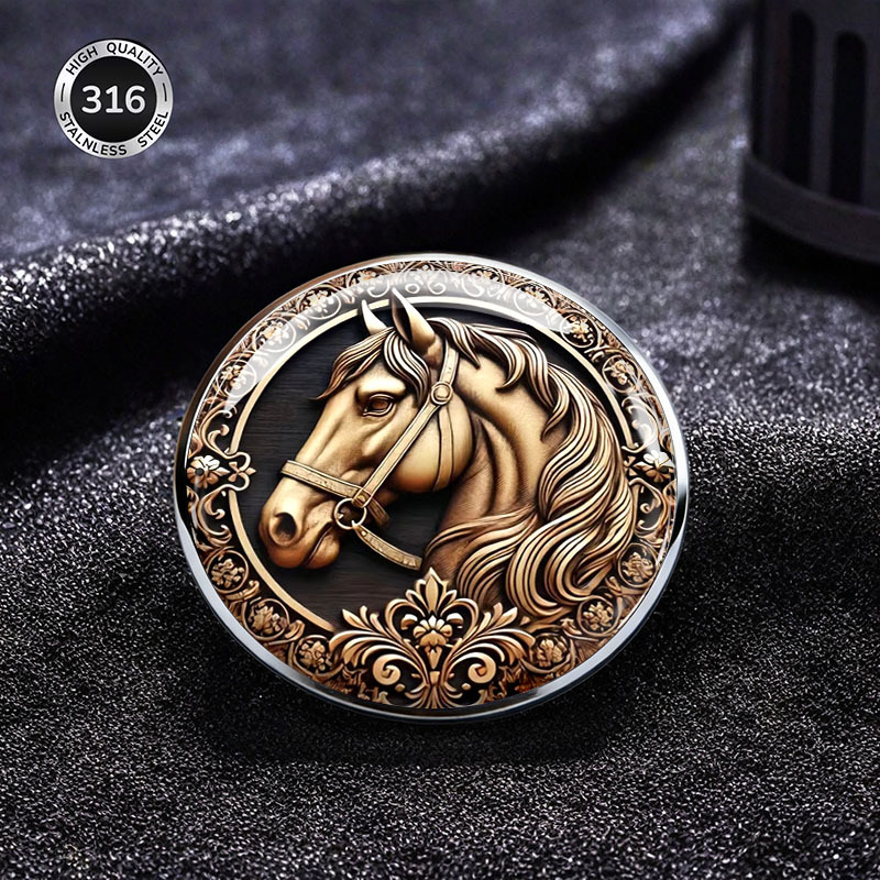 E-shop 2DFLAT Brosche aus Edelstahl im Vintage-Stil mit galoppierendem Pferdemuster, einzigartige Brosche in Tierform, künstlerisches exquisites