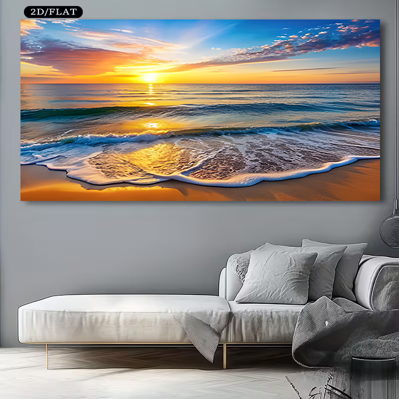 TEMU 2d Flat, 2d Flat, A Beautiful Seaside Sunset Pattern, 2d/flat Unframed Canvas Art, Large Size 27.55"x55.11" (70x140 Cm). Suitable For Living