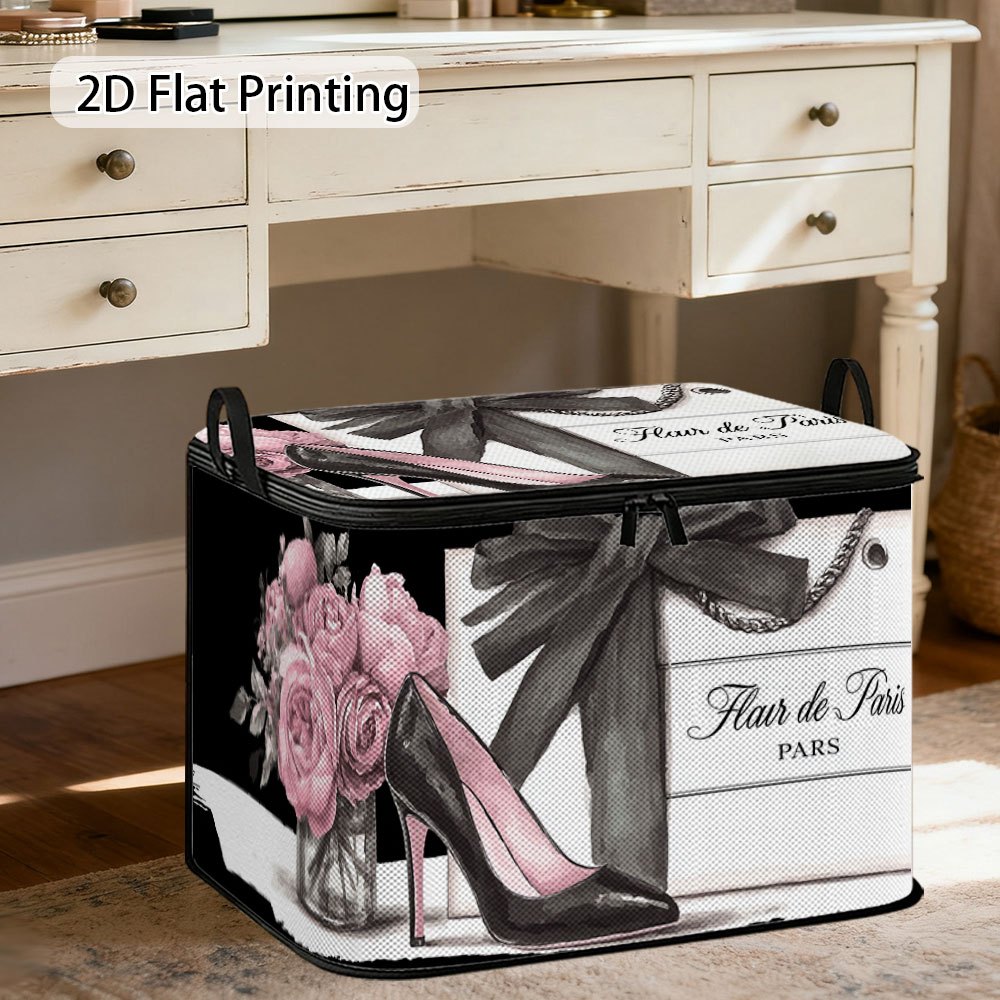 TEMU 1 pièce Panier de rangement plat 2D en tissu avec couvercle et poignées - Panier à linge sale pliable de luxe style , de voyage pour camping/