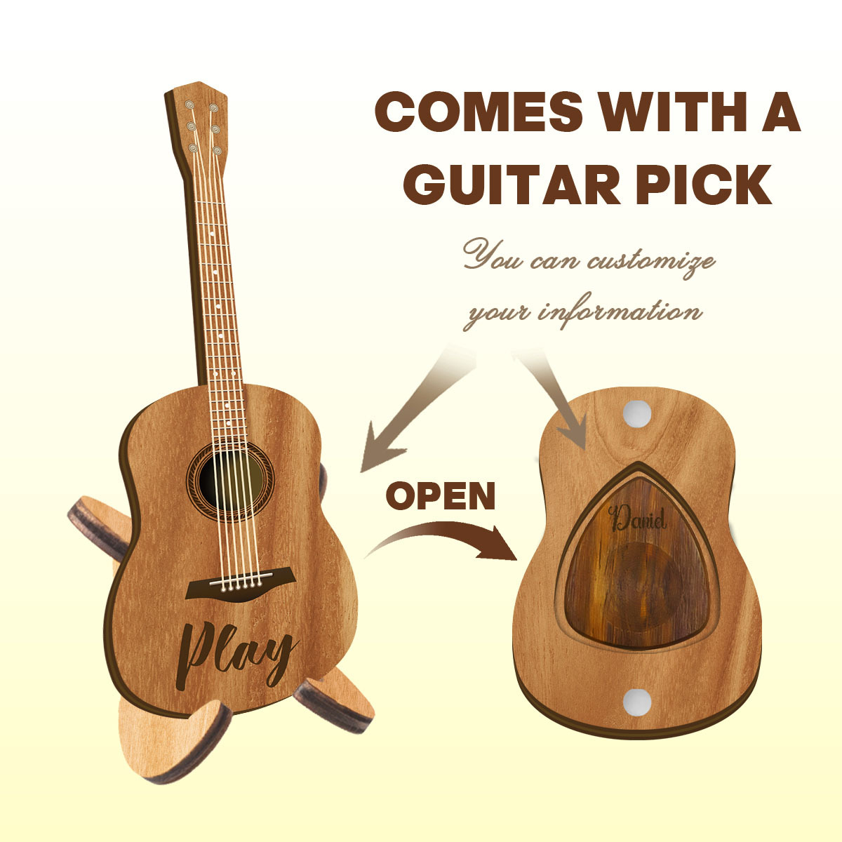 TEMU Boîte en bois personnalisée pour les médiators de guitare, conçue une guitare. Livrée avec des médiators en bois, un présentoir et une boîte de